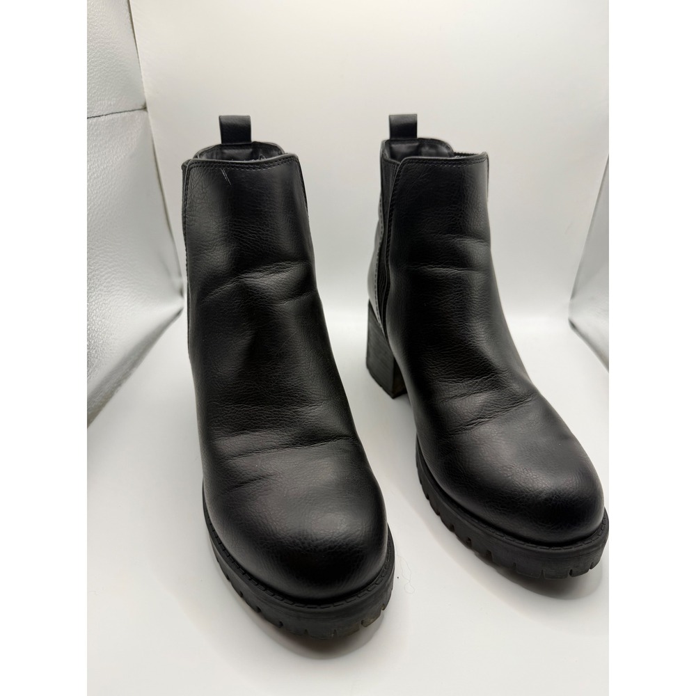 MIA Black Faux Leather Chelsea Ankle Boots Block Heel Lug Sole Round Toe